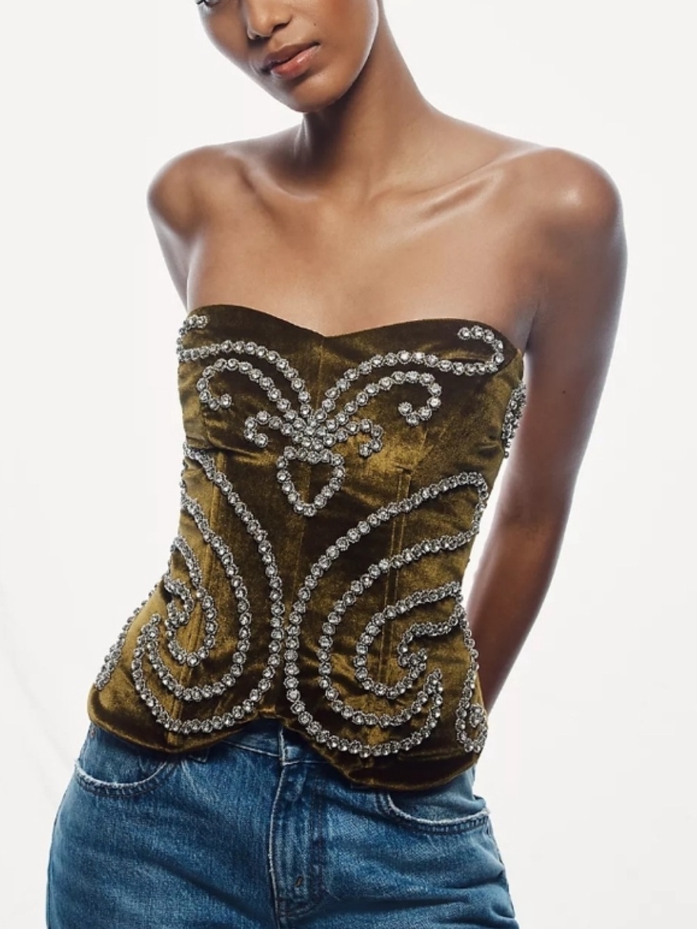 Embellished Olive/Gold Velvet Strapless Bustier Top